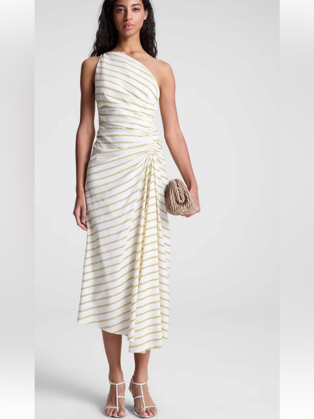 ALC Carloyn Dress in Canary Stripe One Shoulder Asymmetrical Midi Size 6